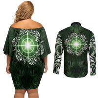 New Zealand Matariki Tupuarangi Couples Matching Off Shoulder Short Dress and Long Sleeve Button Shirt Maori Moko Green Galaxy