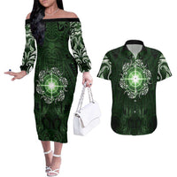 New Zealand Matariki Tupuarangi Couples Matching Off The Shoulder Long Sleeve Dress and Hawaiian Shirt Maori Moko Green Galaxy LT05 Green - Polynesian Pride