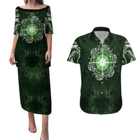 New Zealand Matariki Tupuarangi Couples Matching Puletasi and Hawaiian Shirt Maori Moko Green Galaxy
