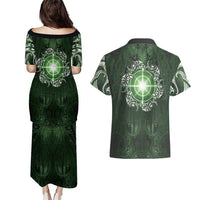 New Zealand Matariki Tupuarangi Couples Matching Puletasi and Hawaiian Shirt Maori Moko Green Galaxy