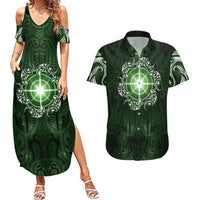New Zealand Matariki Tupuarangi Couples Matching Summer Maxi Dress and Hawaiian Shirt Maori Moko Green Galaxy