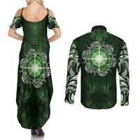 New Zealand Matariki Tupuarangi Couples Matching Summer Maxi Dress and Long Sleeve Button Shirt Maori Moko Green Galaxy