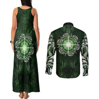 New Zealand Matariki Tupuarangi Couples Matching Tank Maxi Dress and Long Sleeve Button Shirt Maori Moko Green Galaxy