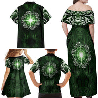 New Zealand Matariki Tupuarangi Family Matching Off Shoulder Maxi Dress and Hawaiian Shirt Maori Moko Green Galaxy