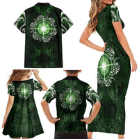 New Zealand Matariki Tupuarangi Family Matching Short Sleeve Bodycon Dress and Hawaiian Shirt Maori Moko Green Galaxy
