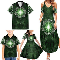 New Zealand Matariki Tupuarangi Family Matching Summer Maxi Dress and Hawaiian Shirt Maori Moko Green Galaxy