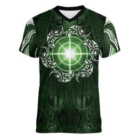 New Zealand Matariki Tupuarangi Women V-Neck T-Shirt Maori Moko Green Galaxy