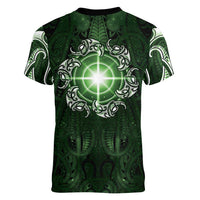 New Zealand Matariki Tupuarangi Women V-Neck T-Shirt Maori Moko Green Galaxy