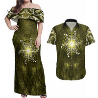 New Zealand Matariki Hiwaiterangi Couples Matching Off Shoulder Maxi Dress and Hawaiian Shirt Maori Moko Yellow Galaxy