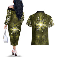 New Zealand Matariki Hiwaiterangi Couples Matching Off The Shoulder Long Sleeve Dress and Hawaiian Shirt Maori Moko Yellow Galaxy