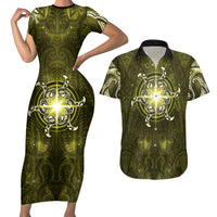 New Zealand Matariki Hiwaiterangi Couples Matching Short Sleeve Bodycon Dress and Hawaiian Shirt Maori Moko Yellow Galaxy