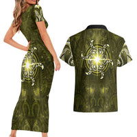 New Zealand Matariki Hiwaiterangi Couples Matching Short Sleeve Bodycon Dress and Hawaiian Shirt Maori Moko Yellow Galaxy