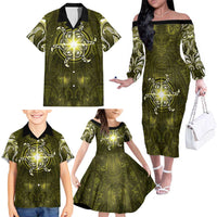 New Zealand Matariki Hiwaiterangi Family Matching Off The Shoulder Long Sleeve Dress and Hawaiian Shirt Maori Moko Yellow Galaxy LT05 - Polynesian Pride