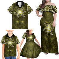 New Zealand Matariki Hiwaiterangi Family Matching Off Shoulder Maxi Dress and Hawaiian Shirt Maori Moko Yellow Galaxy