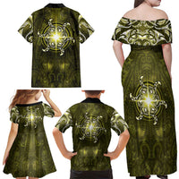 New Zealand Matariki Hiwaiterangi Family Matching Off Shoulder Maxi Dress and Hawaiian Shirt Maori Moko Yellow Galaxy