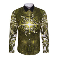 New Zealand Matariki Hiwaiterangi Long Sleeve Button Shirt Maori Moko Yellow Galaxy