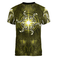 New Zealand Matariki Hiwaiterangi Women V-Neck T-Shirt Maori Moko Yellow Galaxy