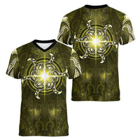 New Zealand Matariki Hiwaiterangi Women V-Neck T-Shirt Maori Moko Yellow Galaxy