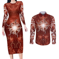 New Zealand Matariki Pohutukawa Couples Matching Long Sleeve Bodycon Dress and Long Sleeve Button Shirt Maori Moko Red Galaxy