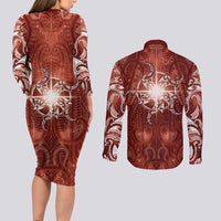 New Zealand Matariki Pohutukawa Couples Matching Long Sleeve Bodycon Dress and Long Sleeve Button Shirt Maori Moko Red Galaxy