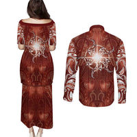 New Zealand Matariki Pohutukawa Couples Matching Puletasi and Long Sleeve Button Shirt Maori Moko Red Galaxy