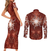 New Zealand Matariki Pohutukawa Couples Matching Short Sleeve Bodycon Dress and Long Sleeve Button Shirt Maori Moko Red Galaxy