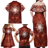 New Zealand Matariki Pohutukawa Family Matching Off Shoulder Maxi Dress and Hawaiian Shirt Maori Moko Red Galaxy