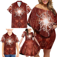New Zealand Matariki Pohutukawa Family Matching Off Shoulder Short Dress and Hawaiian Shirt Maori Moko Red Galaxy