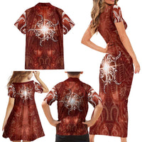 New Zealand Matariki Pohutukawa Family Matching Short Sleeve Bodycon Dress and Hawaiian Shirt Maori Moko Red Galaxy