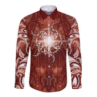 New Zealand Matariki Pohutukawa Long Sleeve Button Shirt Maori Moko Red Galaxy