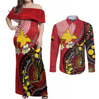 Papua New Guinea And Australia Aboriginal Couples Matching Off Shoulder Maxi Dress and Long Sleeve Button Shirt Bird Of Paradise And Kangaroo Together
