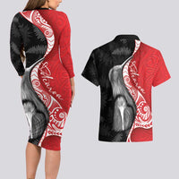 New Zealand Aotearoa Couples Matching Long Sleeve Bodycon Dress and Hawaiian Shirt Kiwi Fern Maori Pattern Red Version