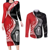 New Zealand Aotearoa Couples Matching Long Sleeve Bodycon Dress and Long Sleeve Button Shirt Kiwi Fern Maori Pattern Red Version