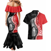 New Zealand Aotearoa Couples Matching Mermaid Dress and Hawaiian Shirt Kiwi Fern Maori Pattern Red Version