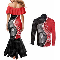 New Zealand Aotearoa Couples Matching Mermaid Dress and Long Sleeve Button Shirt Kiwi Fern Maori Pattern Red Version