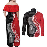New Zealand Aotearoa Couples Matching Off Shoulder Maxi Dress and Long Sleeve Button Shirt Kiwi Fern Maori Pattern Red Version