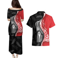 New Zealand Aotearoa Couples Matching Puletasi and Hawaiian Shirt Kiwi Fern Maori Pattern Red Version
