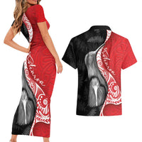 New Zealand Aotearoa Couples Matching Short Sleeve Bodycon Dress and Hawaiian Shirt Kiwi Fern Maori Pattern Red Version