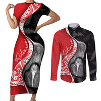 New Zealand Aotearoa Couples Matching Short Sleeve Bodycon Dress and Long Sleeve Button Shirt Kiwi Fern Maori Pattern Red Version