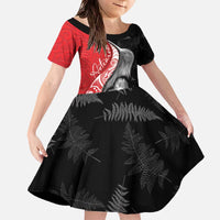 New Zealand Aotearoa Family Matching Off The Shoulder Long Sleeve Dress and Hawaiian Shirt Kiwi Fern Maori Pattern Red Version