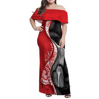 New Zealand Aotearoa Family Matching Off Shoulder Maxi Dress and Hawaiian Shirt Kiwi Fern Maori Pattern Red Version