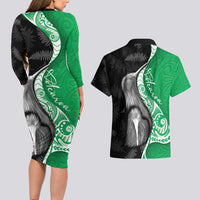 New Zealand Aotearoa Couples Matching Long Sleeve Bodycon Dress and Hawaiian Shirt Kiwi Fern Maori Pattern Green Version