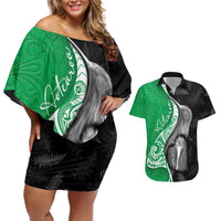 New Zealand Aotearoa Couples Matching Off Shoulder Short Dress and Hawaiian Shirt Kiwi Fern Maori Pattern Green Version
