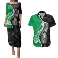 New Zealand Aotearoa Couples Matching Puletasi and Hawaiian Shirt Kiwi Fern Maori Pattern Green Version