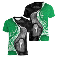 New Zealand Aotearoa Women V-Neck T-Shirt Kiwi Fern Maori Pattern Green Version