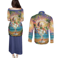 Aloha Hawaii Couples Matching Puletasi and Long Sleeve Button Shirt Hula Martini Tropical Vibes - Polynesian Pride
