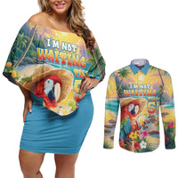 Hawaii Parrot Couples Matching Off Shoulder Short Dress and Long Sleeve Button Shirt Im Not Waiting Till 5 Oclock LT05 Colorful - Polynesian Pride