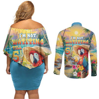 Hawaii Parrot Couples Matching Off Shoulder Short Dress and Long Sleeve Button Shirt Im Not Waiting Till 5 Oclock LT05 - Polynesian Pride