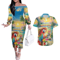 Hawaii Parrot Couples Matching Off The Shoulder Long Sleeve Dress and Hawaiian Shirt Im Not Waiting Till 5 Oclock - Polynesian Pride