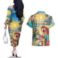 Hawaii Parrot Couples Matching Off The Shoulder Long Sleeve Dress and Hawaiian Shirt Im Not Waiting Till 5 Oclock